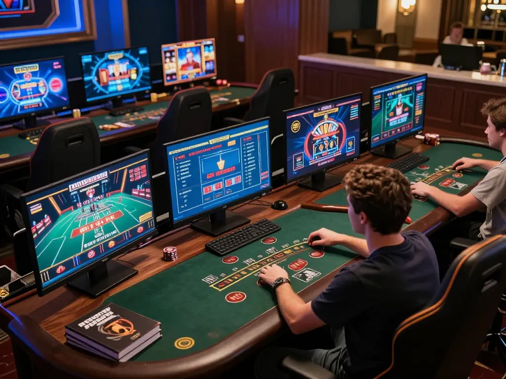 Engaging in strategic online gaming at QQ888 with multiple screens displaying casino games.