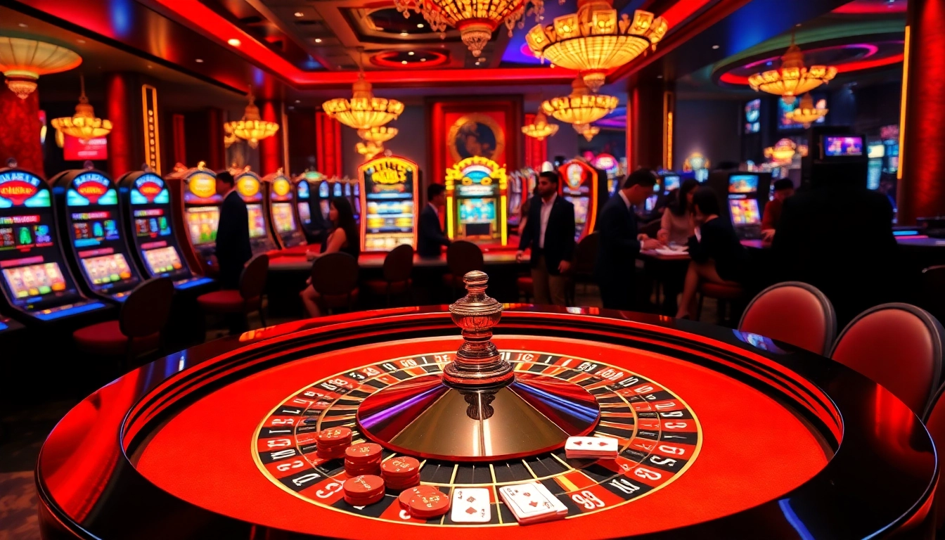 Experience the thrill of gambling at nhà cái xx88 in a vibrant casino scene featuring roulette and slot machines.