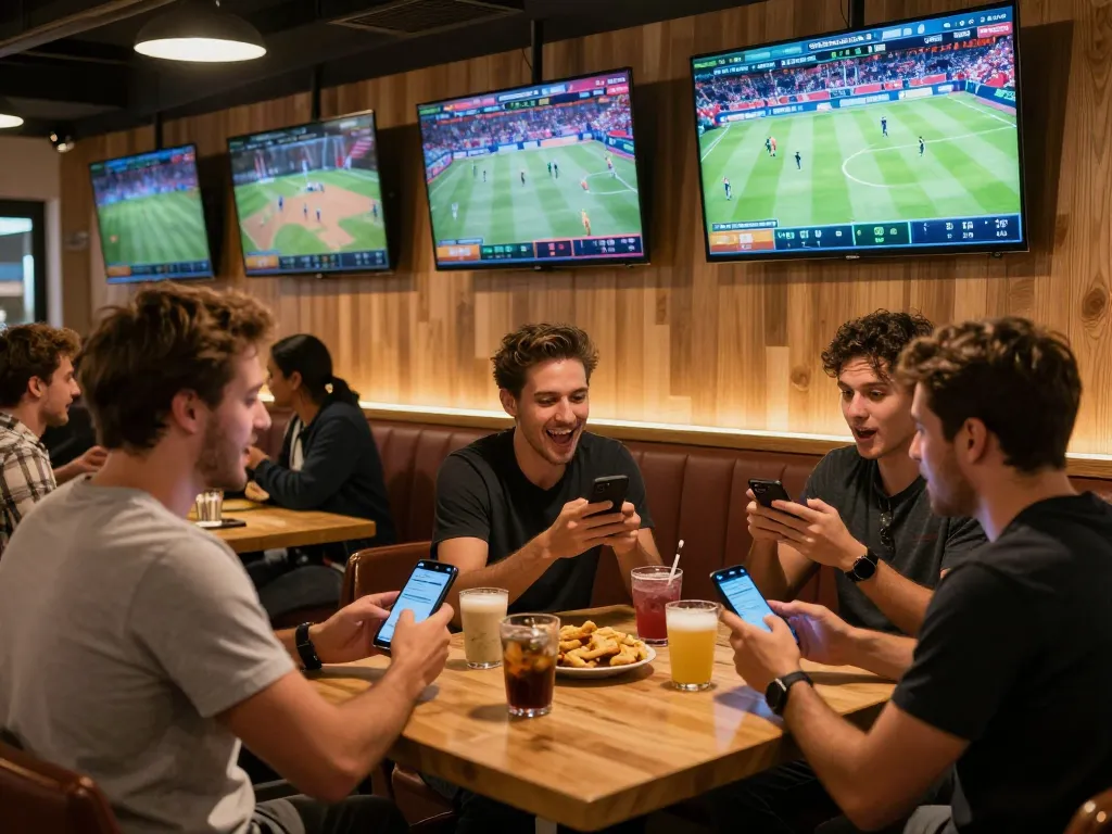 Engaging sports betting experience at a lively bar with Link Fabet chính thức for real-time action