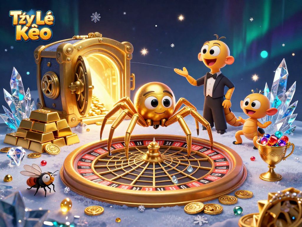 Tỷ Lệ Kèo showcases a golden spider and centipede croupier in a dynamic casino scene.