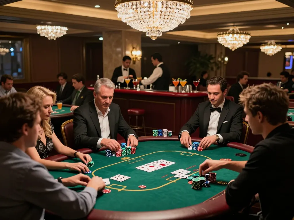 Go88 players engaging in a high-stakes poker game, showcasing vibrant chips and a luxurious atmosphere.