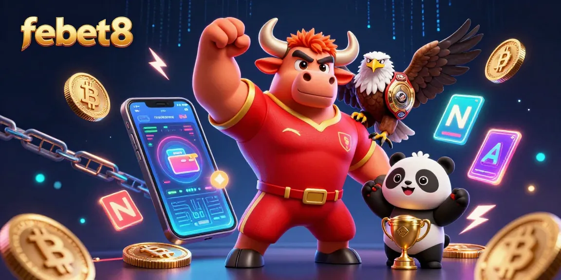 Experience the excitement at febet8, featuring a bull mascot, eagle, and panda in a vibrant casino scene.
