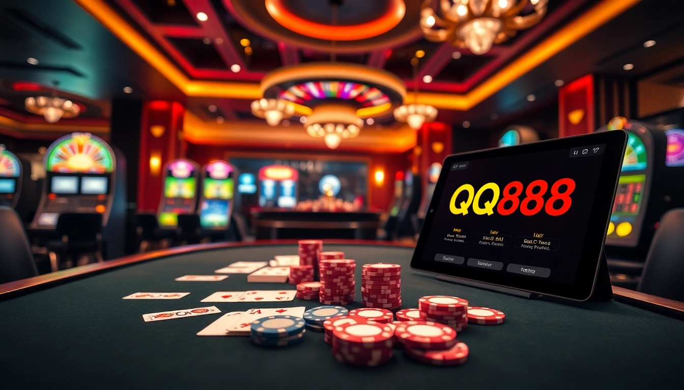 Experience the thrill of QQ888 Dev with vibrant casino games and luxurious interiors.