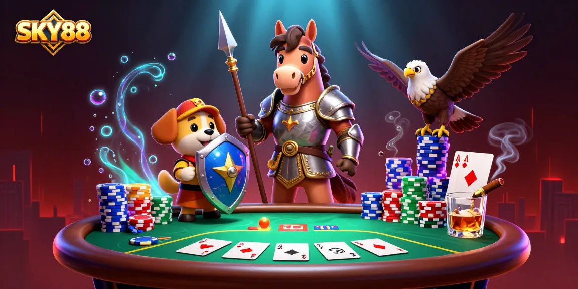 Join the action at SKY88 with a knight and his squire at a vibrant poker table.
