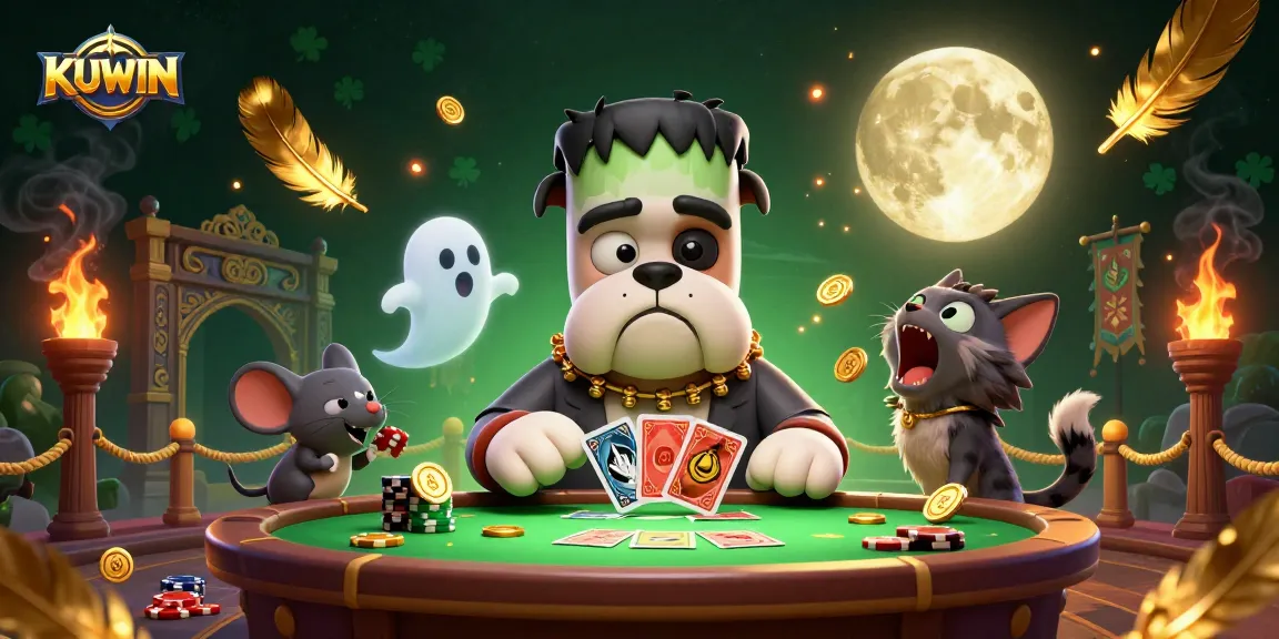 Experience thrilling gaming at KUWIN with 3D characters at a spooky table surrounded by casino elements.