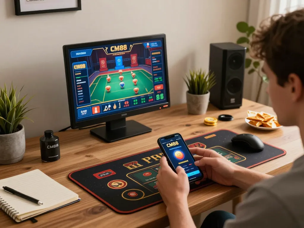 CM88 user strategizing on smartphone at stylish home gaming setup