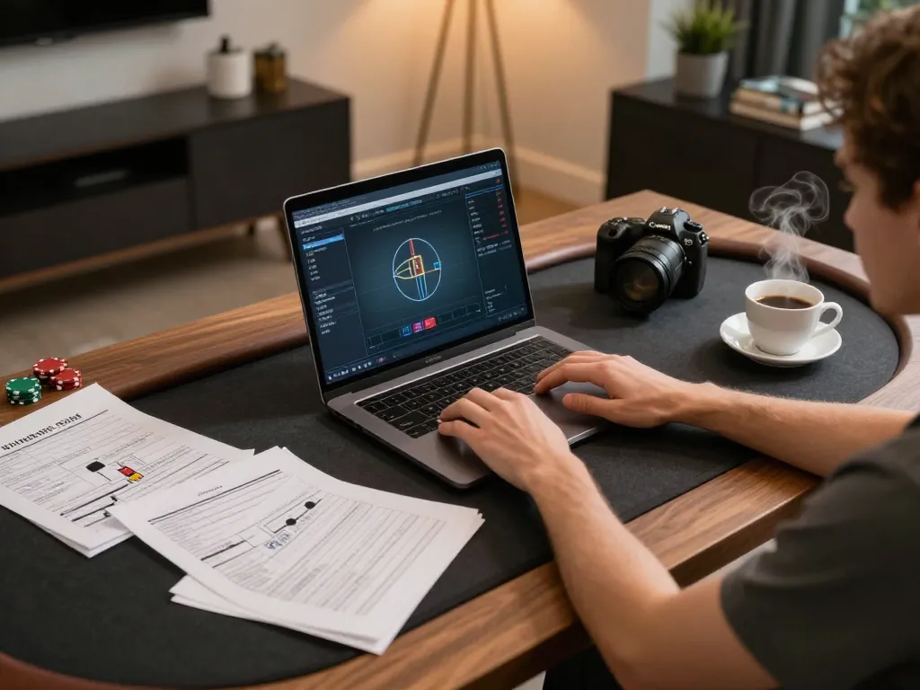 Enjoying an online poker game through link 888new in a cozy home setting with strategic notes.