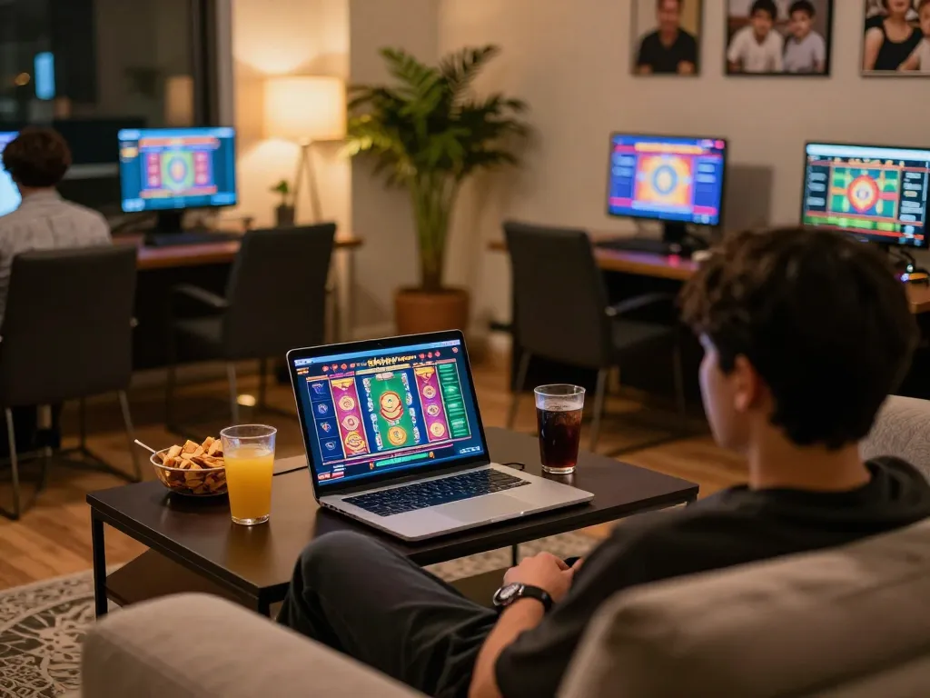 Engaging online gaming session on MM 88 with vibrant slot game displayed on a laptop.