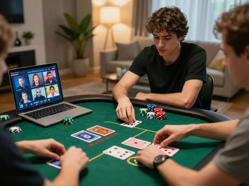 Players enjoying TA88 online poker game, focused on cards and strategy while in a cozy home setting