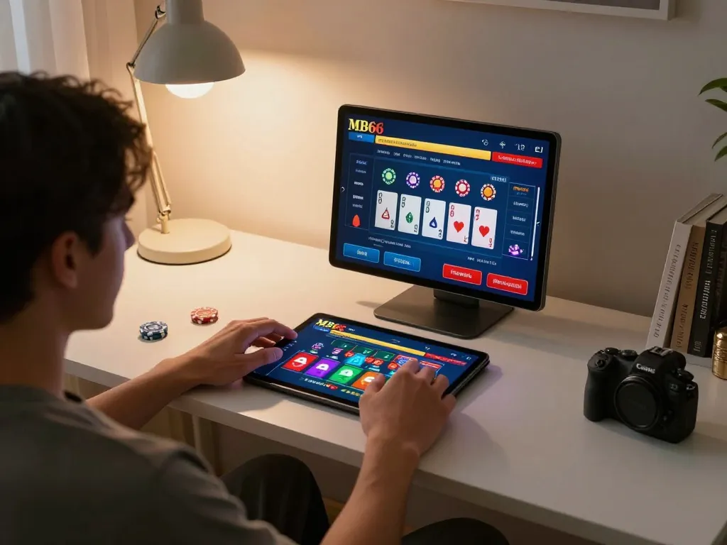 Engaging in online casino gameplay on MB66 tablet, set in a cozy home environment
