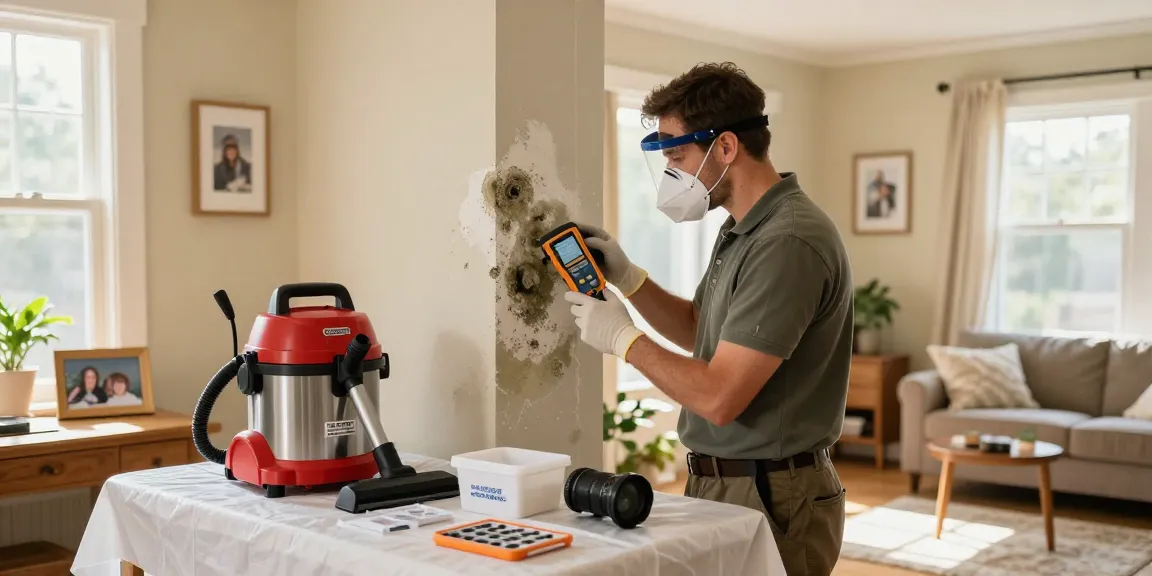 Certified mold remediation company technician inspecting for mold in a home, using advanced equipment.