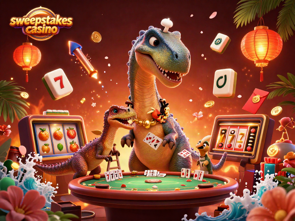Experience the thrill of sweepstakes casino with vibrant 3D illustration showcasing exciting gaming elements.