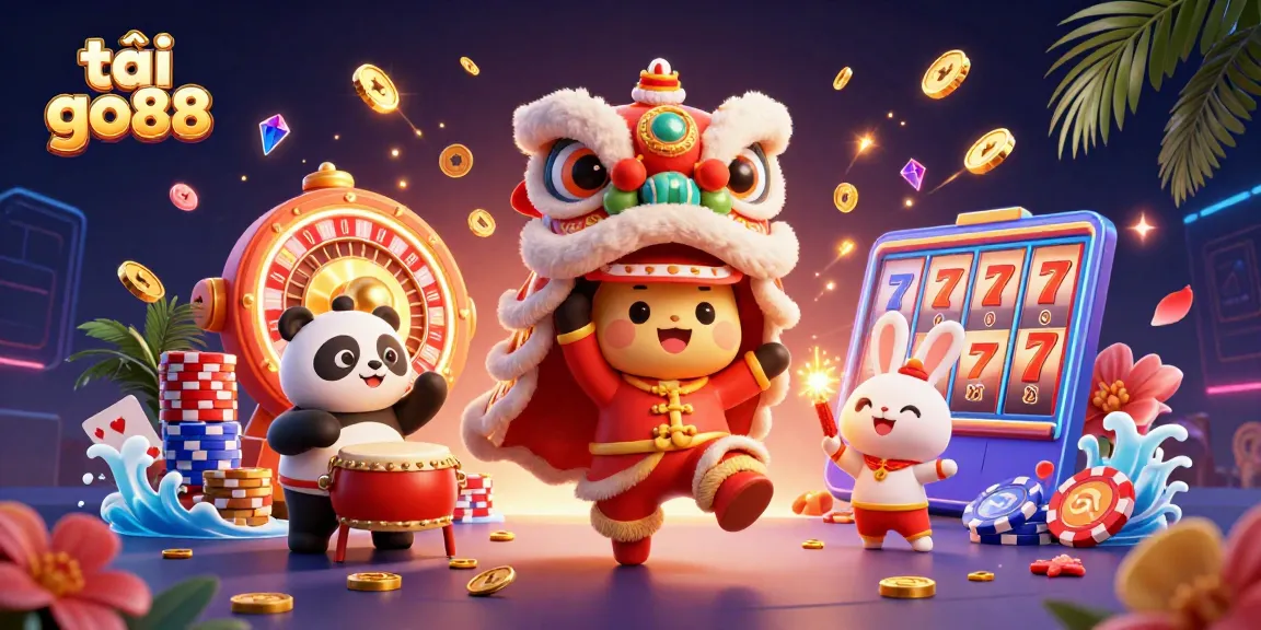 Experience excitement with tải go88 in a vibrant 3D casino scene featuring a lively lion dance.
