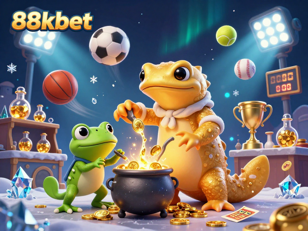 Exciting scene depicting 88kbet with a golden salamander alchemist converting gold coins with dynamic sports elements.