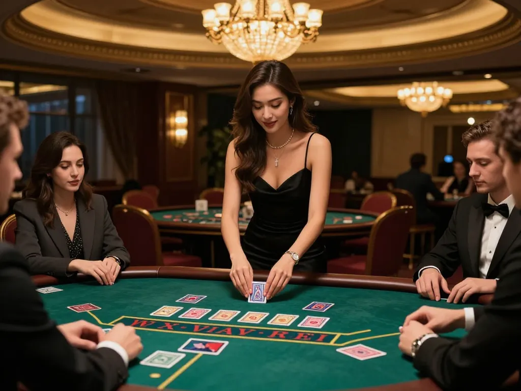 B52 players engaging at a luxurious Baccarat table with a professional dealer in a vibrant casino setting.