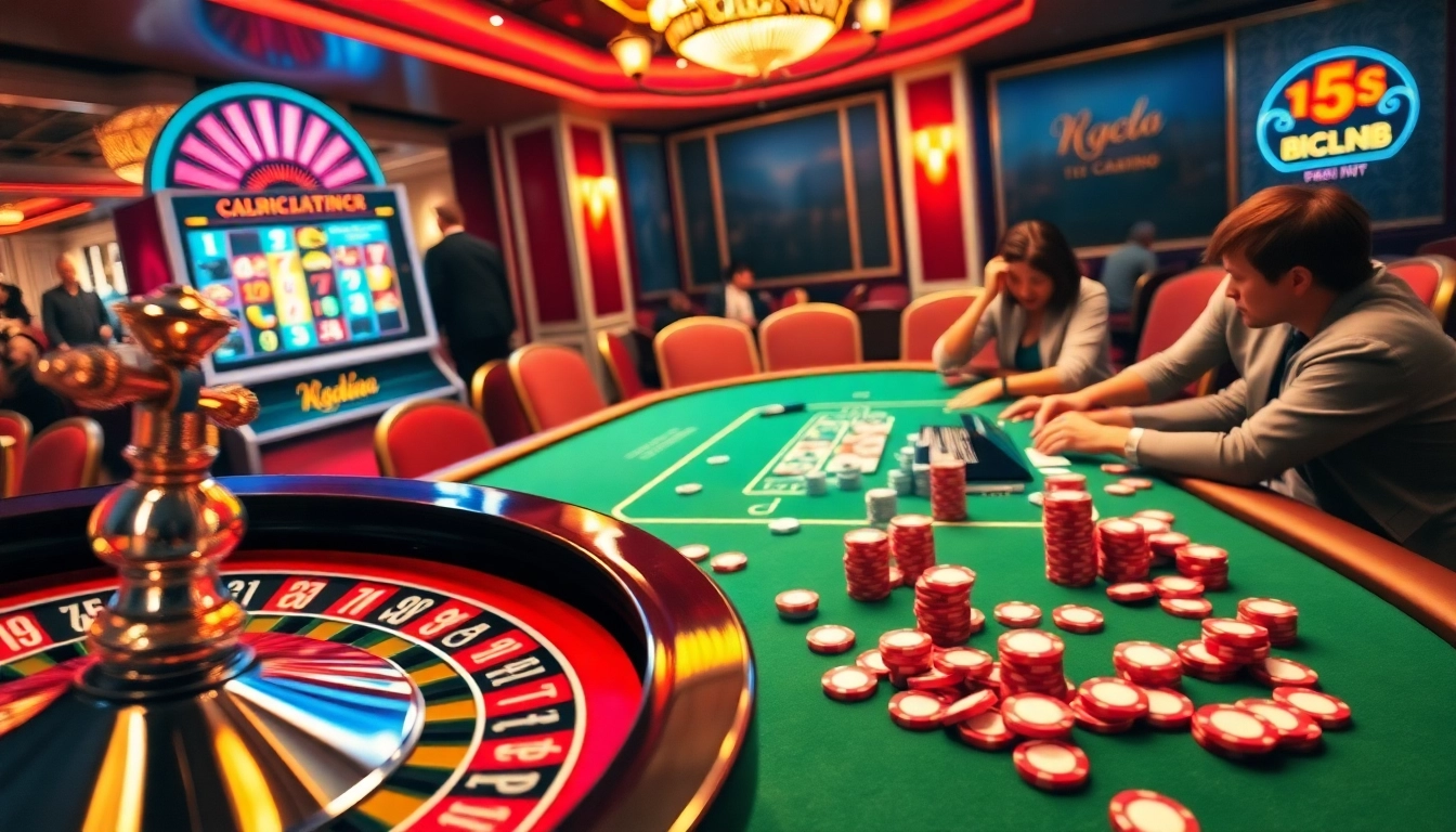 Players enjoying the thrilling atmosphere at Nhà cái HITCLUB, featuring poker tables and vibrant gaming elements.