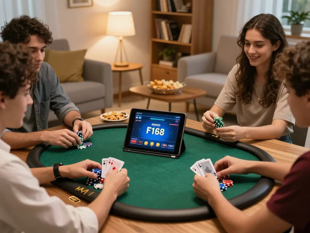 Friends enjoying an online poker game using F168 interface, showcasing strategy and social interaction in a warm home setting.