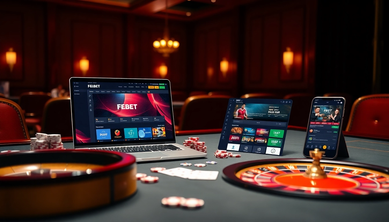 Engaging online gambling scene at NHÀ CÁI FEBET highlighting casino tables and digital interfaces.