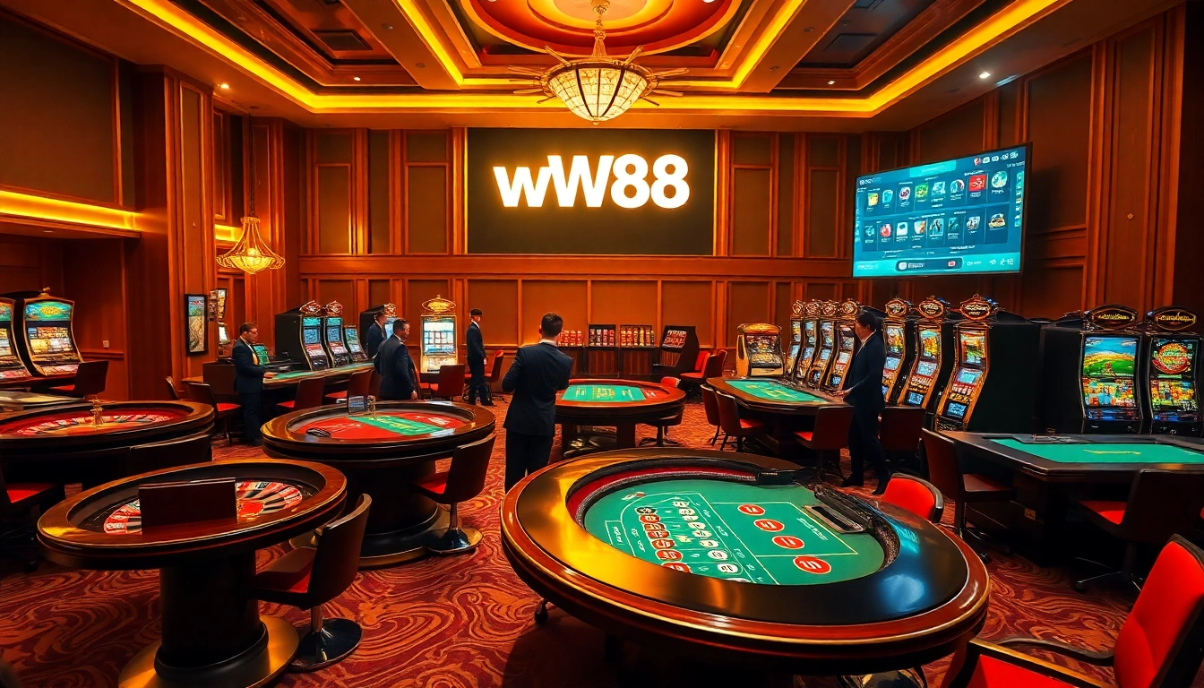 Experience thrilling casino gameplay at WW88 with vibrant roulette tables and slot machines.