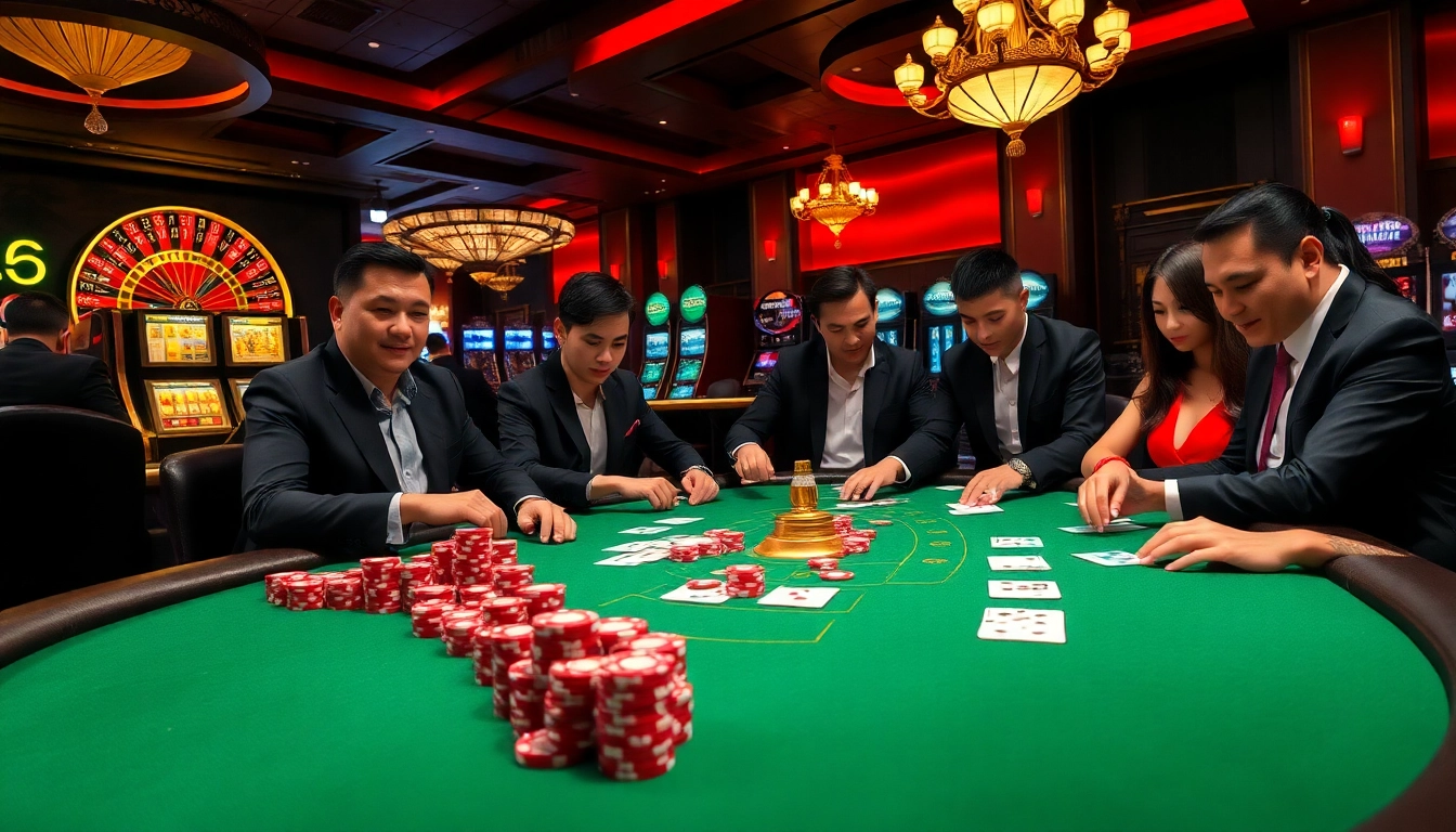 Engage with the thrilling atmosphere of NHÀ CÁI HAYWIN, showcasing a luxurious casino gaming scene.