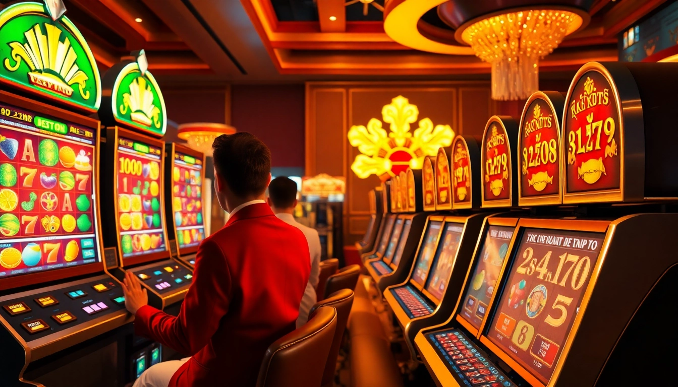 Players enjoying nổ hũ đổi thưởng at a vibrant online casino with slot machines.