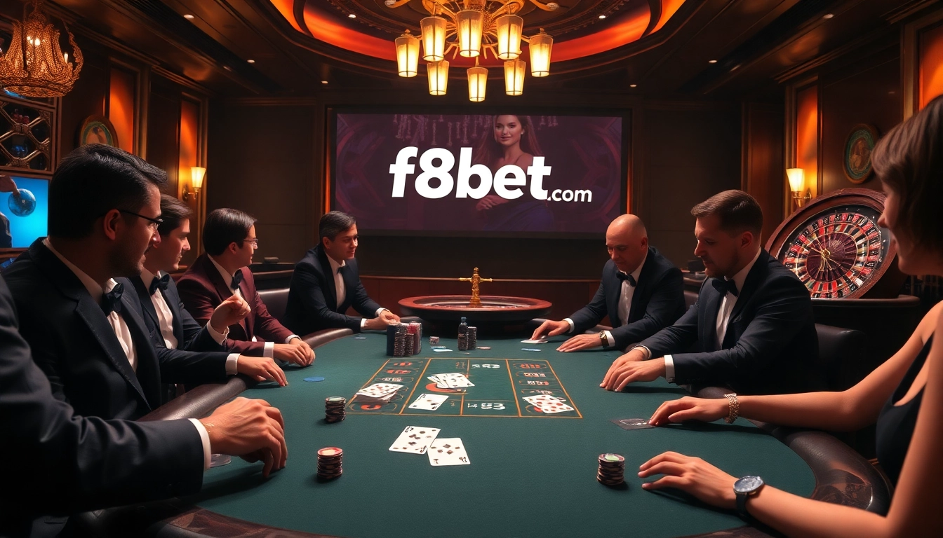 Players strategizing at the f8bet.com high-stakes poker table with chips and cards.