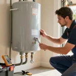 Expert plumber performing water heater repair San Diego in a bright residential setting with tools and equipment.