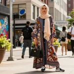 Stylish individual in modest clothing highlighting contemporary urban fashion, featuring a maxi dress and hijab.