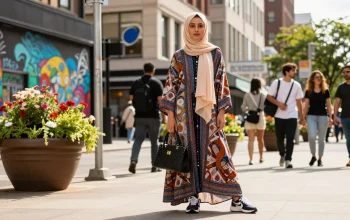 Stylish individual in modest clothing highlighting contemporary urban fashion, featuring a maxi dress and hijab.