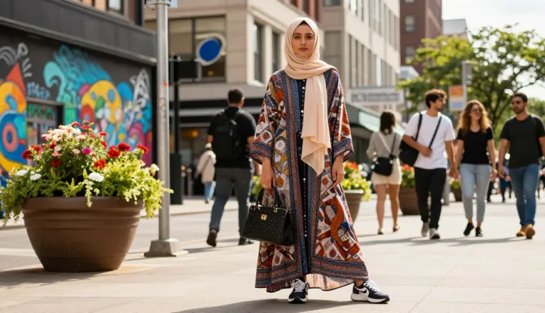 Stylish individual in modest clothing highlighting contemporary urban fashion, featuring a maxi dress and hijab.