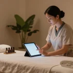 Relaxing spa scene with professional therapist preparing for 은평구출장마사지 appointment in luxury setting.