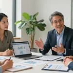 Engaging consultation with a financial advisor near me, guiding clients through financial strategies in a modern office.