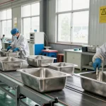 Manufacturing process at a stainless steel basin factory with workers assembling high-quality products.