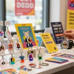 Personalized keychains displayed attractively in a retail setting with various styles.