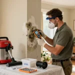 Certified mold remediation company technician inspecting for mold in a home, using advanced equipment.